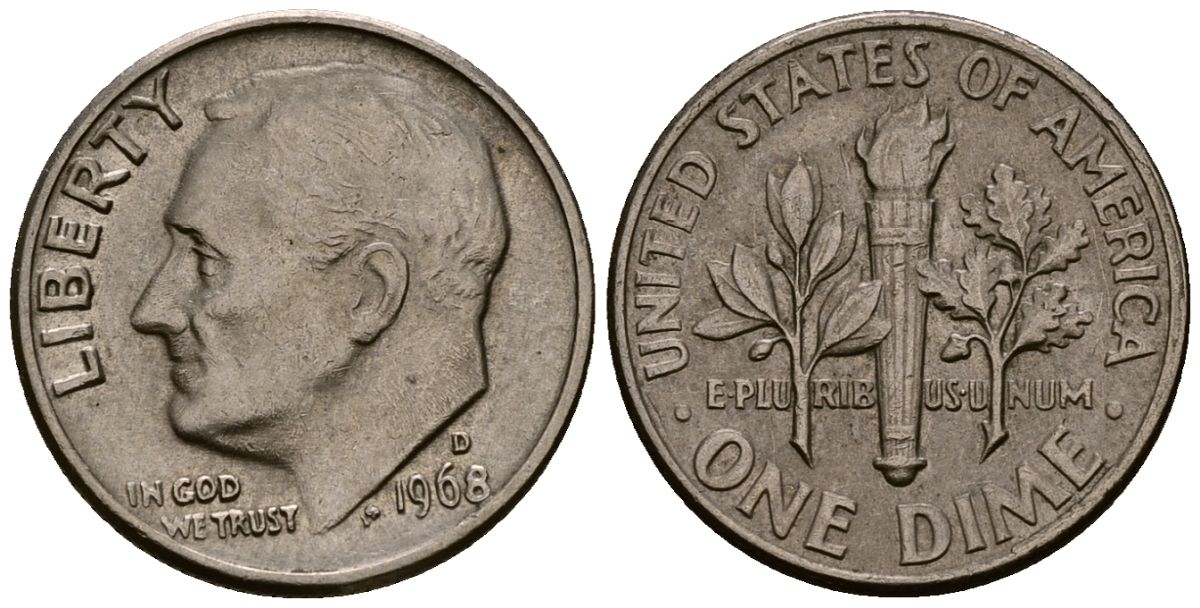 США 10 центов (дайм) 1968 Рузвельт, D KM 195a медь плакированная медно-никелем 4164-943