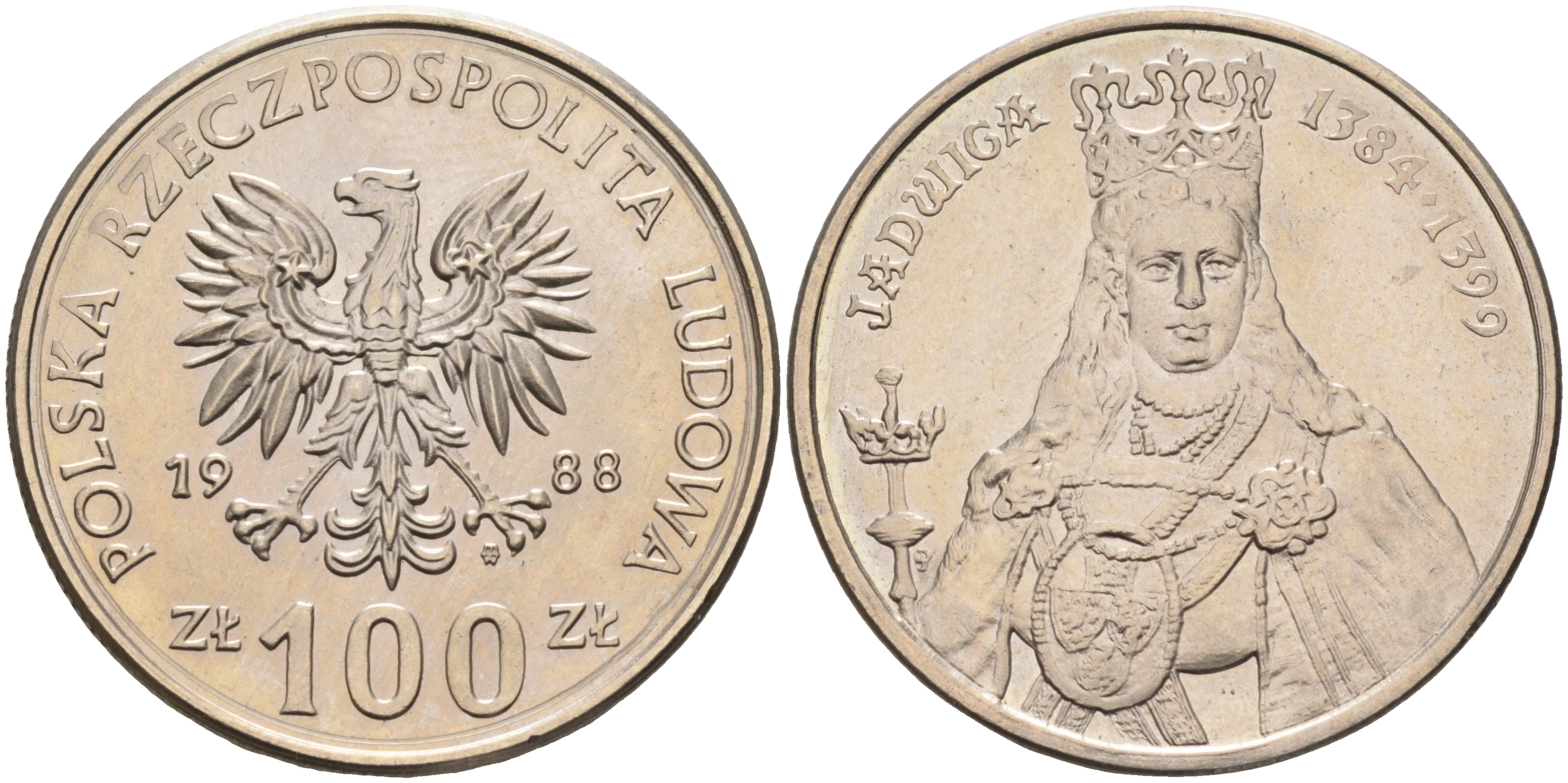 Польша 100 злотых 1988 MW, серия Польские правители, королева Ядвига (1384-1399) KM 183 медно-никель  UNC  4149-245