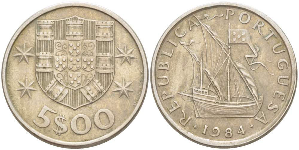 ПОРТУГАЛИЯ 5 ЭСКУДО 1984 ПАРУСНИК KM 591 медно-никель 4523-556