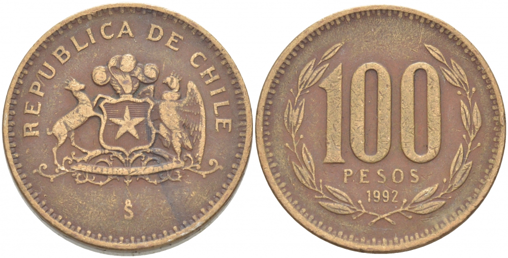 ЧИЛИ 100 ПЕСО 1992 KM 226.2 алюминиевая бронза 4539-833
