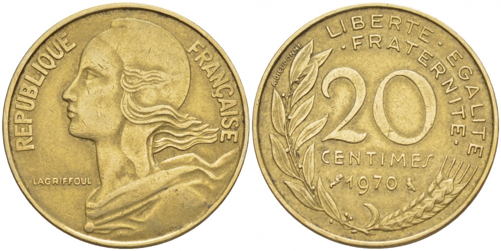 ФРАНЦИЯ 20 САНТИМОВ 1970 KM 930 медь алюминий никель 3856-1117