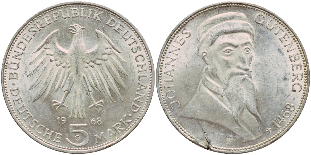 ФРГ 5 марок 1968 G, 500 лет со дня смерти Иоганна Гутенберга KM 122, J. 397 серебро aUNC 1529-143