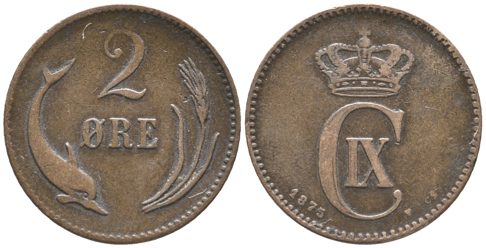ДАНИЯ 2 ЭРЕ 1875 КРИСТИАН IX (1863-1906) KM 793.1 бронза 34-452