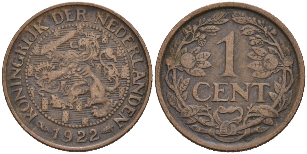 Нидерланды 1 цент 1922 Вильгельмина (1890-1948) KM 152 бронза 4576-732
