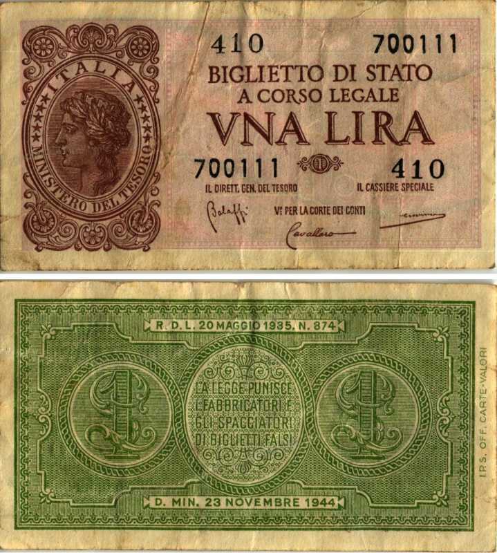 Италия 1 лира 1944 23 ноября 1944, подпись BoLaffi, CavalLaro, Giovinco Pick 29b, Grapanzano BS 8 бумага 2192-51-1