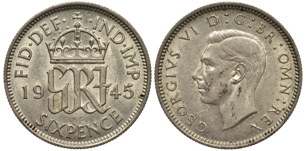 Великобритания 6 пенсов 1945 Георг VI (1936-1952) KM 852, Spink 4084 серебро 4538-552