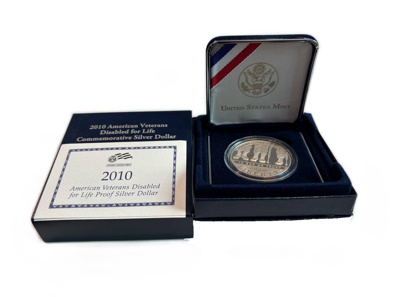 США 1 доллар 2010 W, Инвалиды войны, в оригинальной коробке, с сертификатом KM 479 серебро PROOF 8-2-06-61