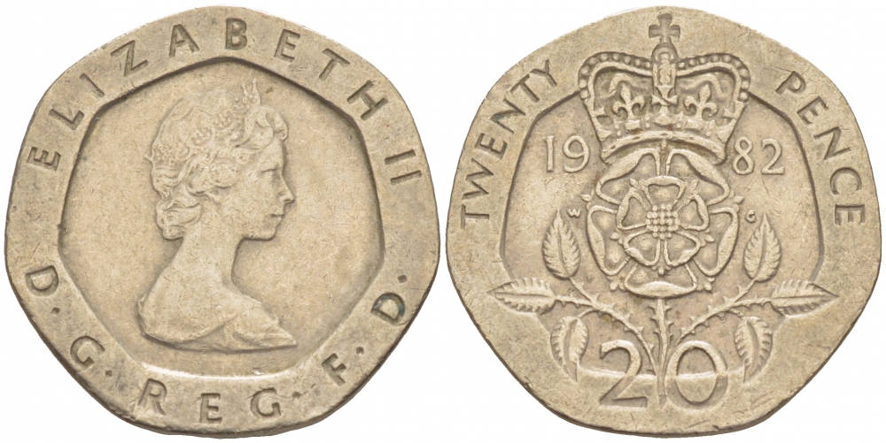 Великобритания 20 пенсов 1982 Елизавета II (1952-2022) KM 931, Spink 4230 (G1) медно-никель 77-253