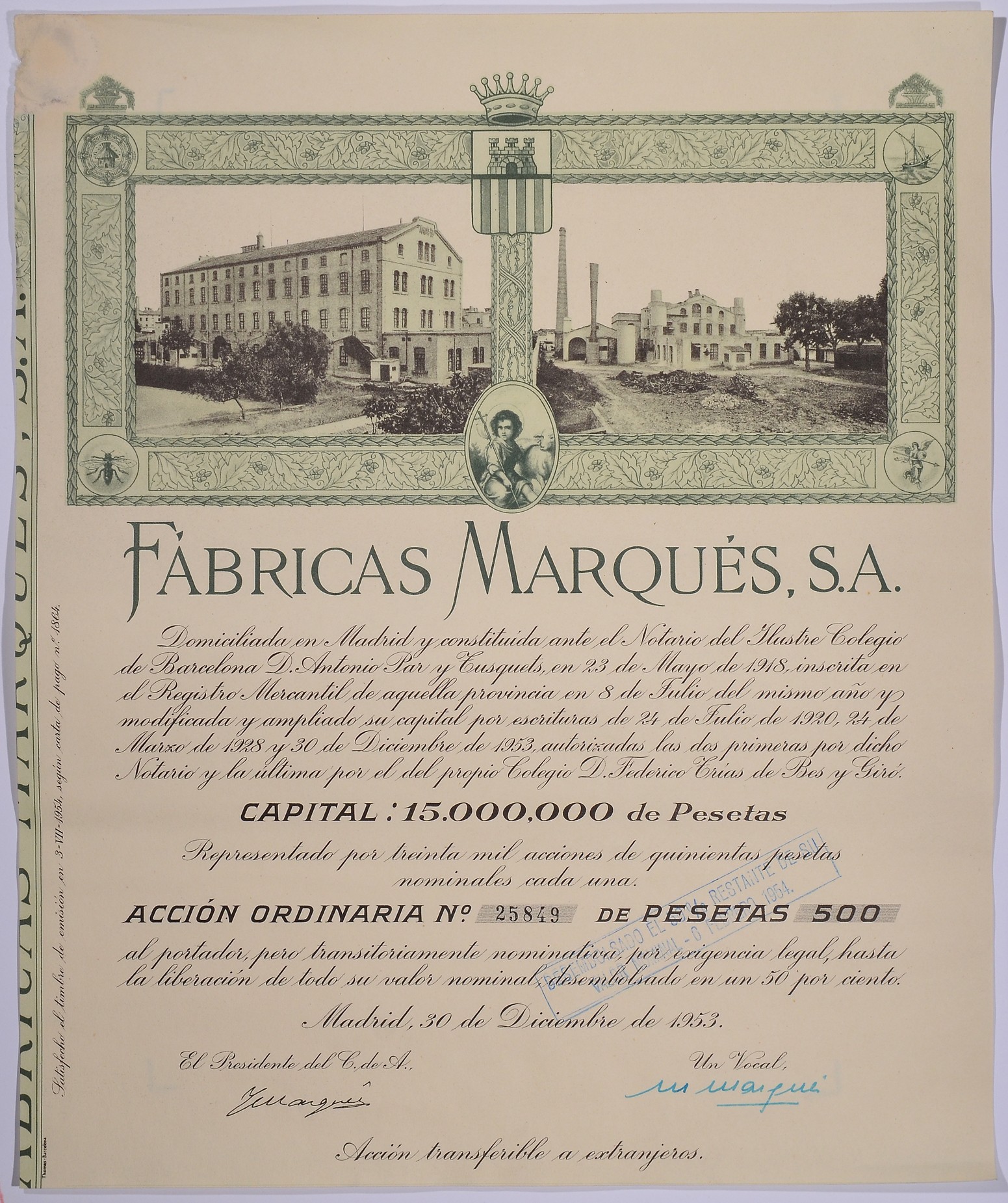 ИСПАНИЯ АЦИЯ НА 500 ПЕСЕТ 1953 FABRICAS MARQUES S.A., МАДРИД 1953 бумага 5544-5