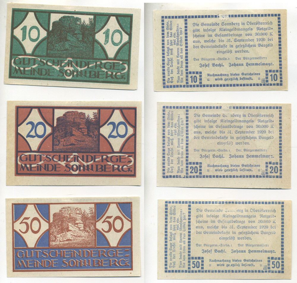 Австрия, Зоннберг набор из 3 банкнот 1920 31 сентября 1920, нотгельд, 10, 20, 50 геллеров, Sonnberg бумага aUNC 7555-4-2-2