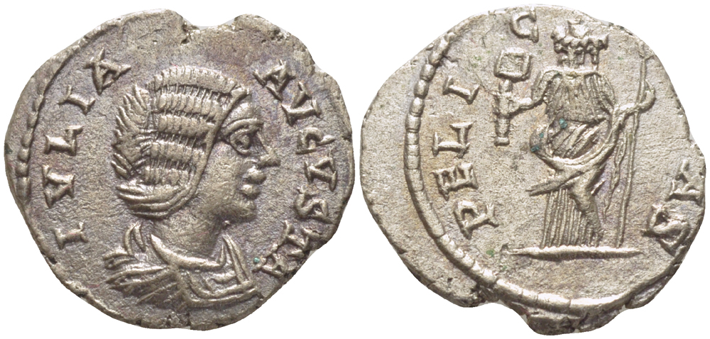 Римская Империя денарий 206 Юлия Домна, жена Септимия Севера, IVLIA AVGVSTA, бюст императрицы / PELICITAS (SIC !), Фелицитата, персонификация Блаженства, Рим, 2,99 гр RIC 551 серебро 1073-18-45