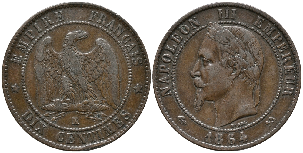 ФРАНЦИЯ 10 САНТИМОВ 1864 К, НАПОЛЕОН III (1852-1870) KM 798.3, LA FRANC 134.13 бронза 32-1023