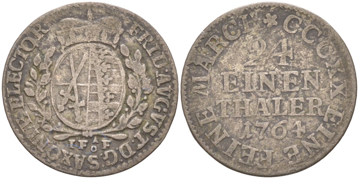 Саксония 1/24 талера (грош) 1764 IFoF, Фридрих Август III (1763-1806) KM 968 (С98), Kahnt 1127, Buck 112 d, Slg. Merseburger 2013 серебро 187-965