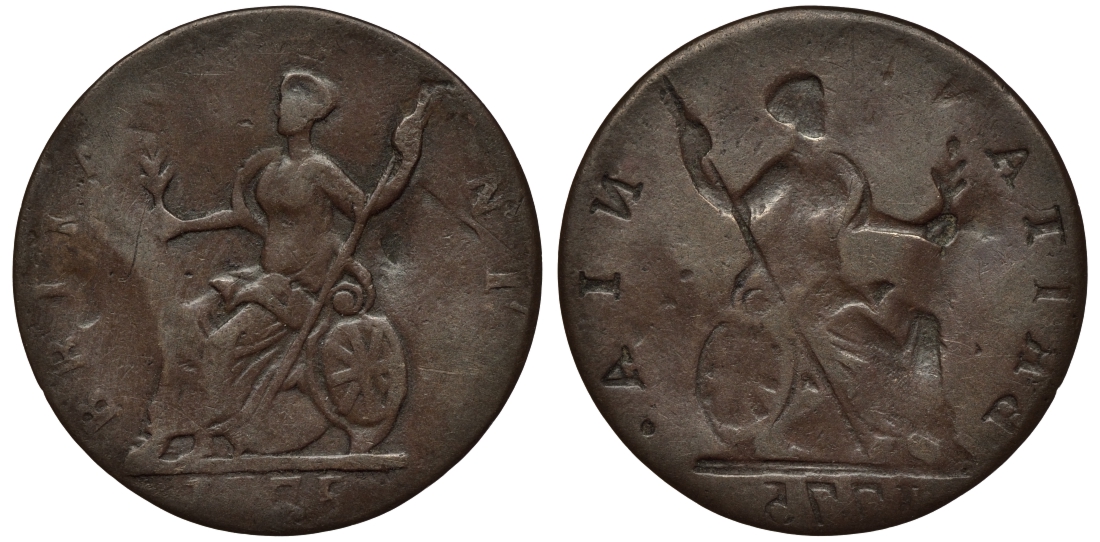 Великобритания 1 фартинг 1775 инкузный брак монетного двора, Георг III (1760-1820) KM 602, Spink 3775 медь 00-821-53