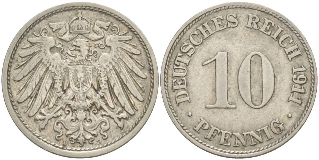 Германия 10 пфеннигов 1911 D KM 12, Jager 13, Weege 8 медно-никель 219-214