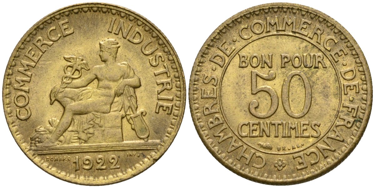 Франция 50 сантимов 1922 тип Chambre de Commerce KM 884, Le Franc 191.5 алюминиевая бронза 53-124