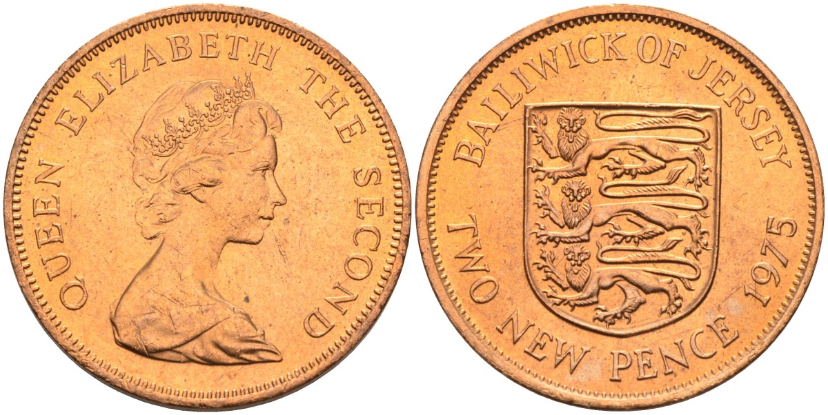 Джерси 2 пенса 1975 герб, Елизавета II (1952-2022) KM 31 бронза UNC 4367-442