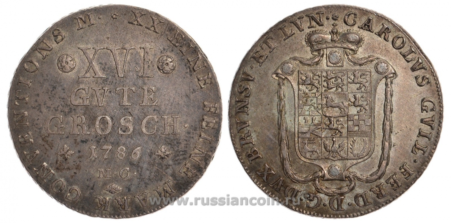 Брауншвейг-Вольфенбюттель 16 гутергрошей 1786 MC, Карл Вильгельм Фердинанд (1780-1806) KM 1020, Welter 2911 серебро 413-4335