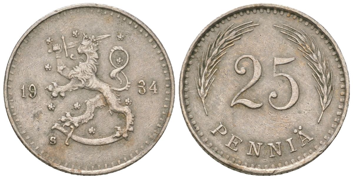 Финляндия 25 пенни 1934 S KM 25 медно-никель 4174-943