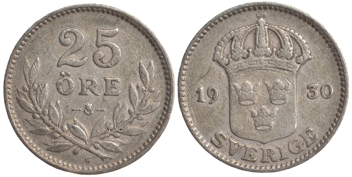 Швеция 25 эре 1930 G, Густав V (1907-1950) KM 785 серебро 4179-843