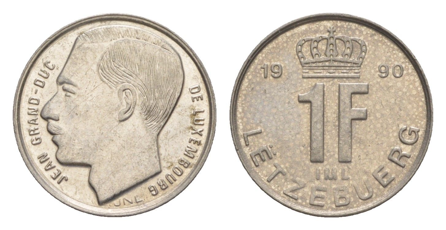 Люксембург 1 франк 1990 Герцог Жан (1964-1999) KM 63 сталь плакированная никелем 4158-1136