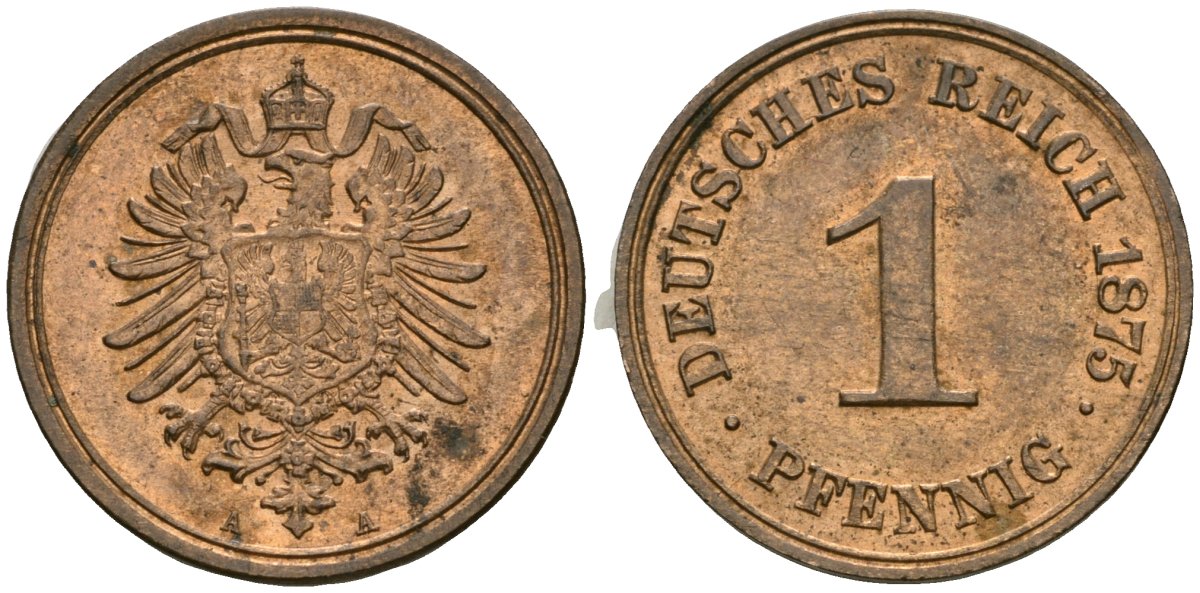 Германия 1 пфенниг 1875 A, Вильгельм I (1871-1888) KM 1, J. 1 медь aUNC 1525-132