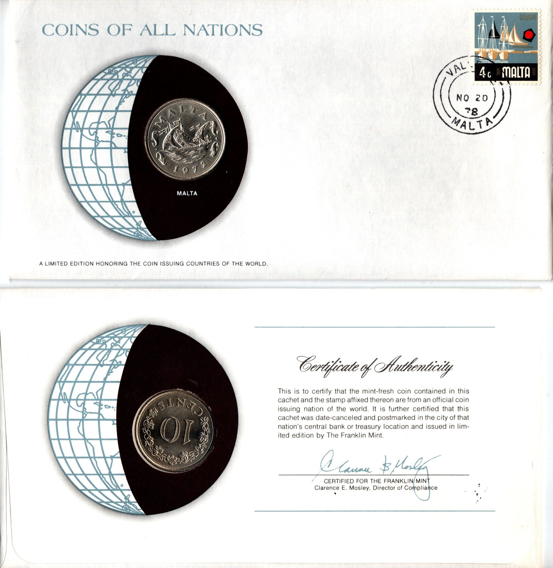 Мальта 10 центов 1972 конверт с маркой первого дня гашения, Coins of Nations KM 11 медно-никель UNC 4294-5-1