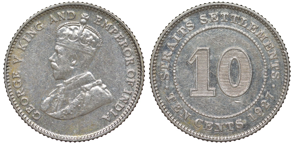 Стрейтс-Сетлментс 10 центов 1927 Георг V (1910-1936) КМ 29b серебро 53-715