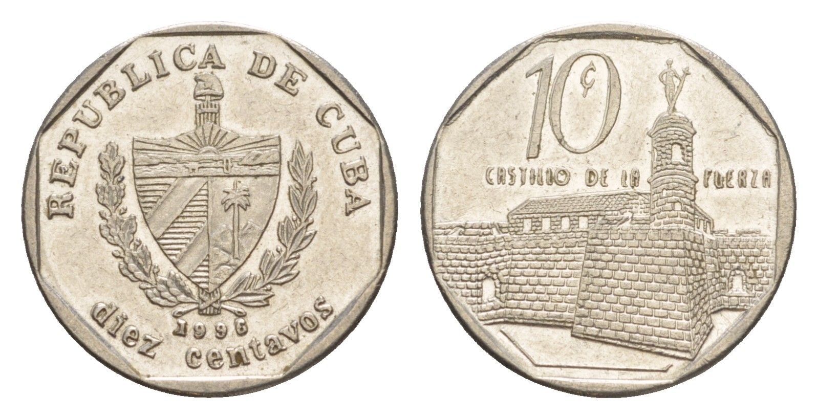 Куба 10 сентаво 1996 форт в Гаване Ла-Фуэрса KM 576.2, JMA MC20, Schoen 714 сталь плакированная никелем 4644-735