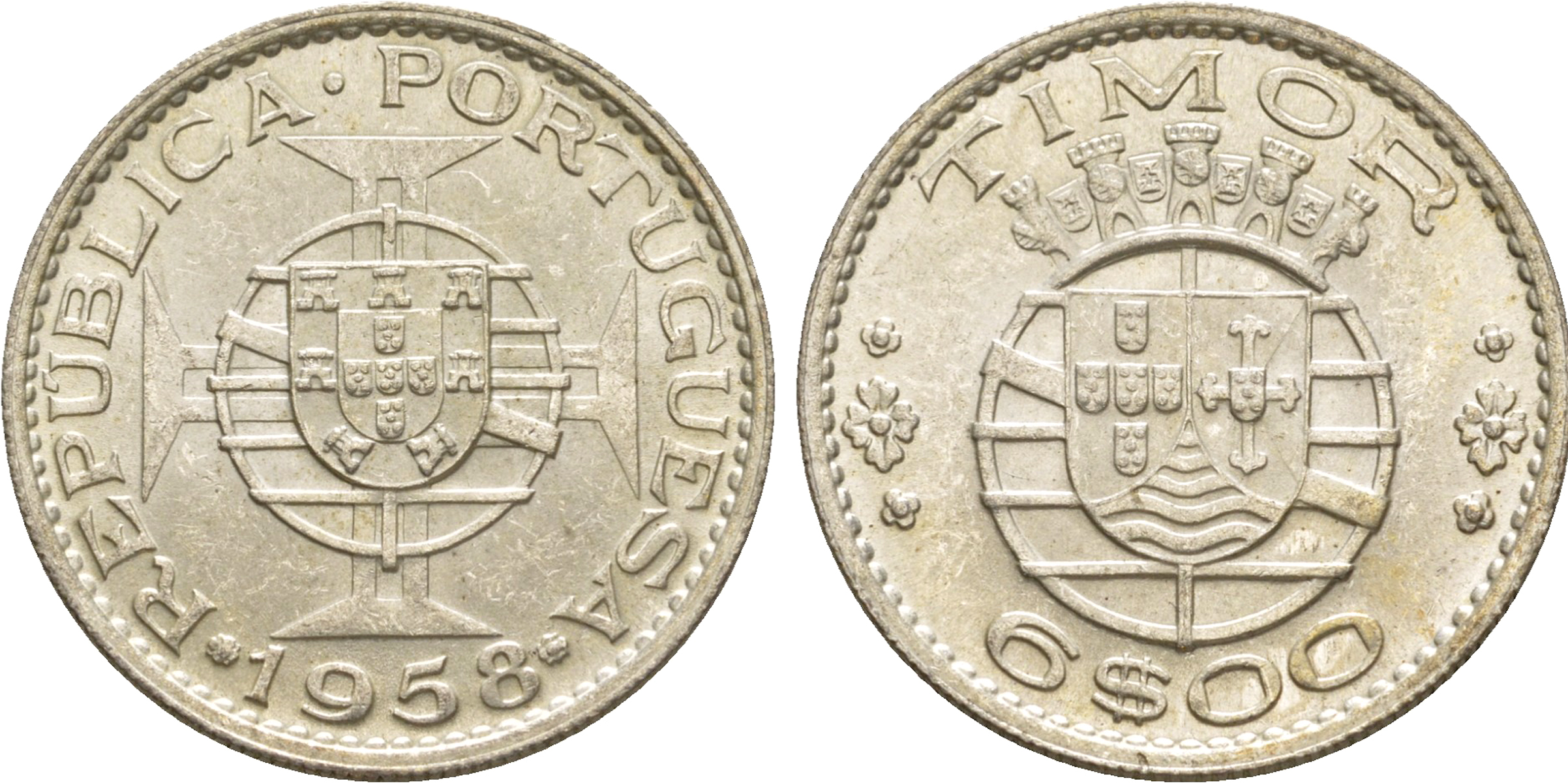 Португальский Тимор 6 эскудо 1958  KM 15 серебро  aUNC  4635-857