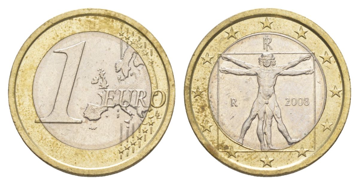 Италия 1 евро 2008 Витрувианский человек KM 250 биметалл 4629-432
