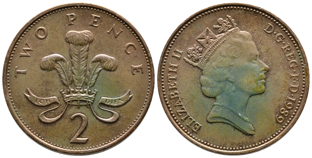 Великобритания 2 пенса 1989 Елизавета II (1952-2022) KM 936, Spink 4376 (C3) бронза 87-813