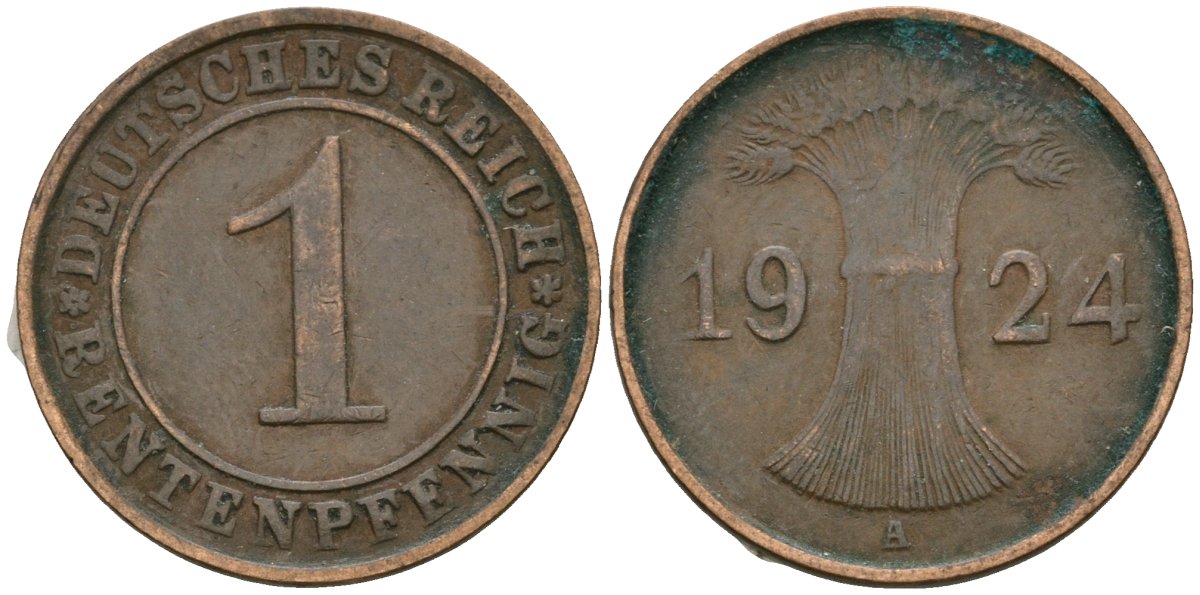 Германия 1 рентенпфенниг 1924 A KM 30, J. 306 бронза 4608-312