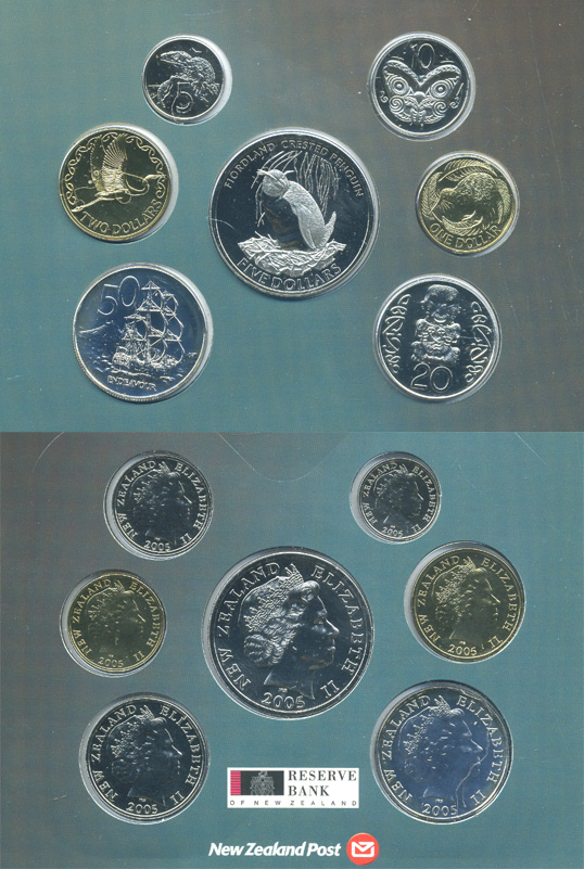 Новая Зеландия официальный набор из 7 монет 2005 в оригинальном картонном буклете, большой хохлатый пингвин, тираж 3000 экземпляров KM PS 58 UNC 5-6-4-04