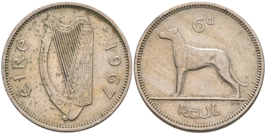 Ирландия 6 пенсов 1967 мрландский волкодав, собака KM 13а медно-никель 92-126