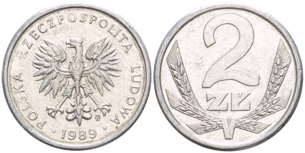 Польша 2 злотых 1989 MW, Народная Республика KM 80.3, Parchimowicz 219a алюминий 4528-819