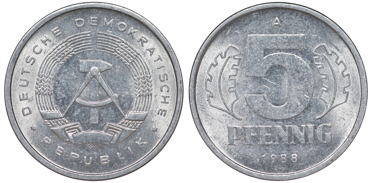 ГДР 5 ПФЕННИГОВ 1988 А алюминий 62-553