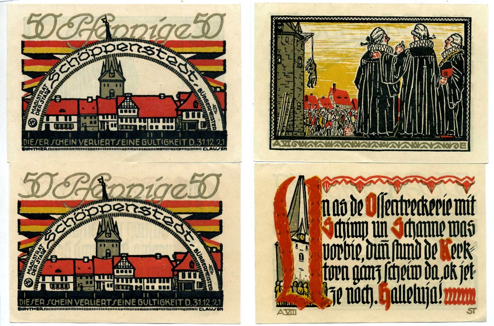 ШЁППЕНШТЕДТ лот из 2 БАНКНОТ ПО 50 пфеннигов 1921 1922 - 31 декабря 1921, НОТГЕЛЬД, ЗЕМЛЯ НИЖНЯЯ САКСОНИЯ, НОМЕРА 6 И 8 Grabowski 1199.1а бумага 2195-7-1-2