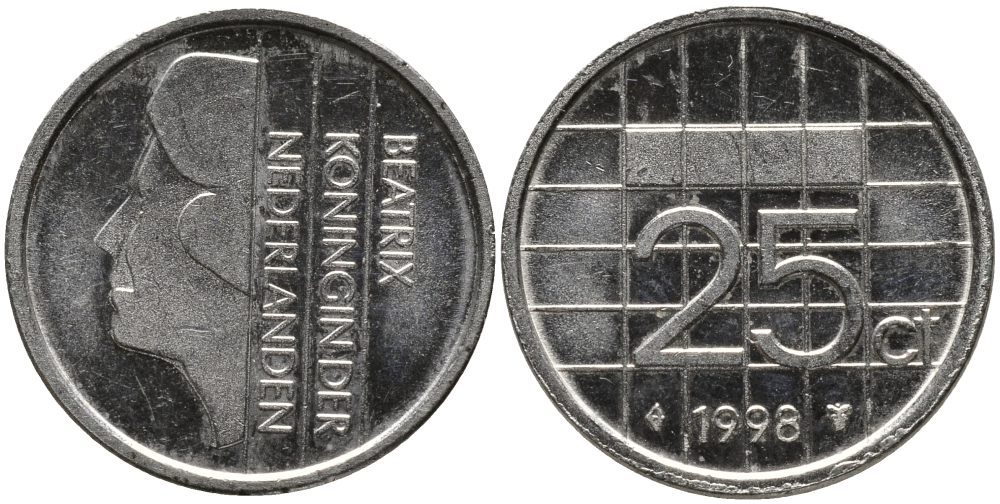 Нидерланды 25 центов 1998 Беатрикс (1980-2013) KM 204 никель 86-451