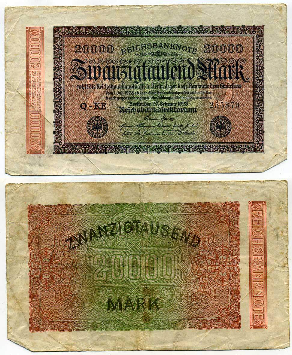 ГЕРМАНИЯ 20000 МАРОК 1923 20 ФЕВРАЛЯ 1923, ВОДЯНОЙ ЗНАК L Pick 85а бумага 7203-16-3