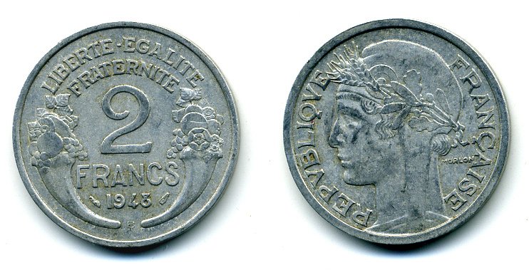 Франция 2 франка 1948 KM 886a.1 алюминий 35-1131