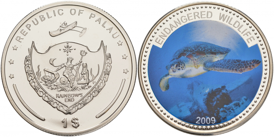 Палау 1 доллар 2009 серия вымирающие виды, морская черепаха (Eretmochelys imbricata), цветная эмаль KM 284 медно-никель PROOF M39-5