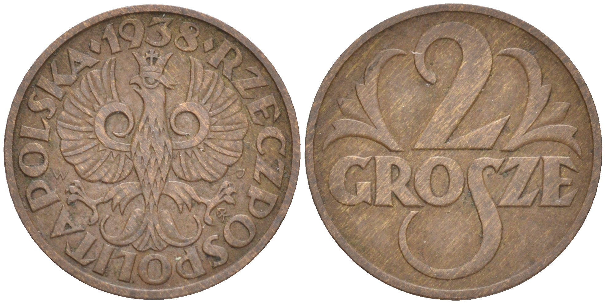 ПОЛЬША 2 ГРОША 1938 w KM 9а бронза 4516-1022