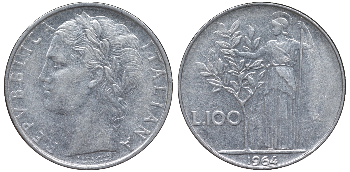 Италия 100 лир 1964 R KM 96.1 нержавеющая сталь 4144-113