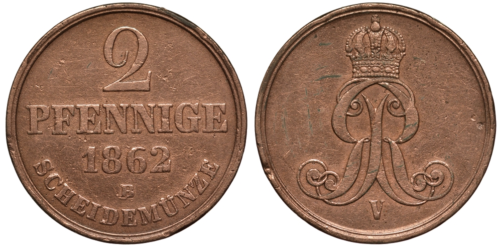 Брауншвейг-Каленберг-Ганновер 2 пфеннига 1862 B, Георг V (1851-1866) KM 234, AKS 153, J. 91 медь 413-5331