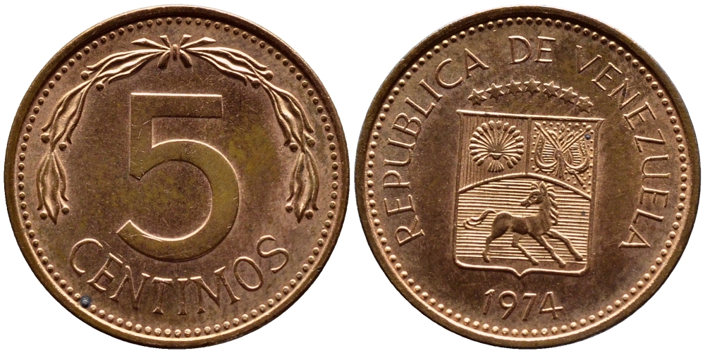 Венесуэла 5 сентимо 1974 KM 49 сталь плакированная медью 4392-935