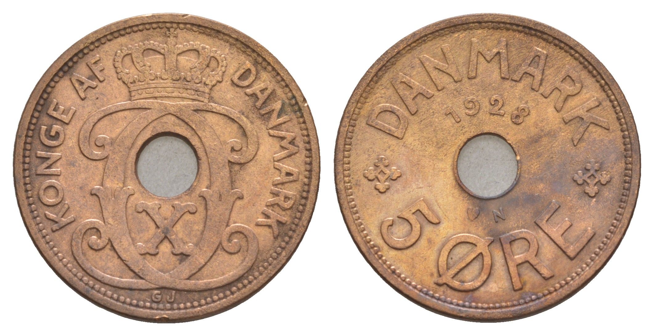 Дания 5 эре 1928 N, Кристиан X (1912-1947) KM 828 бронза 4657-236