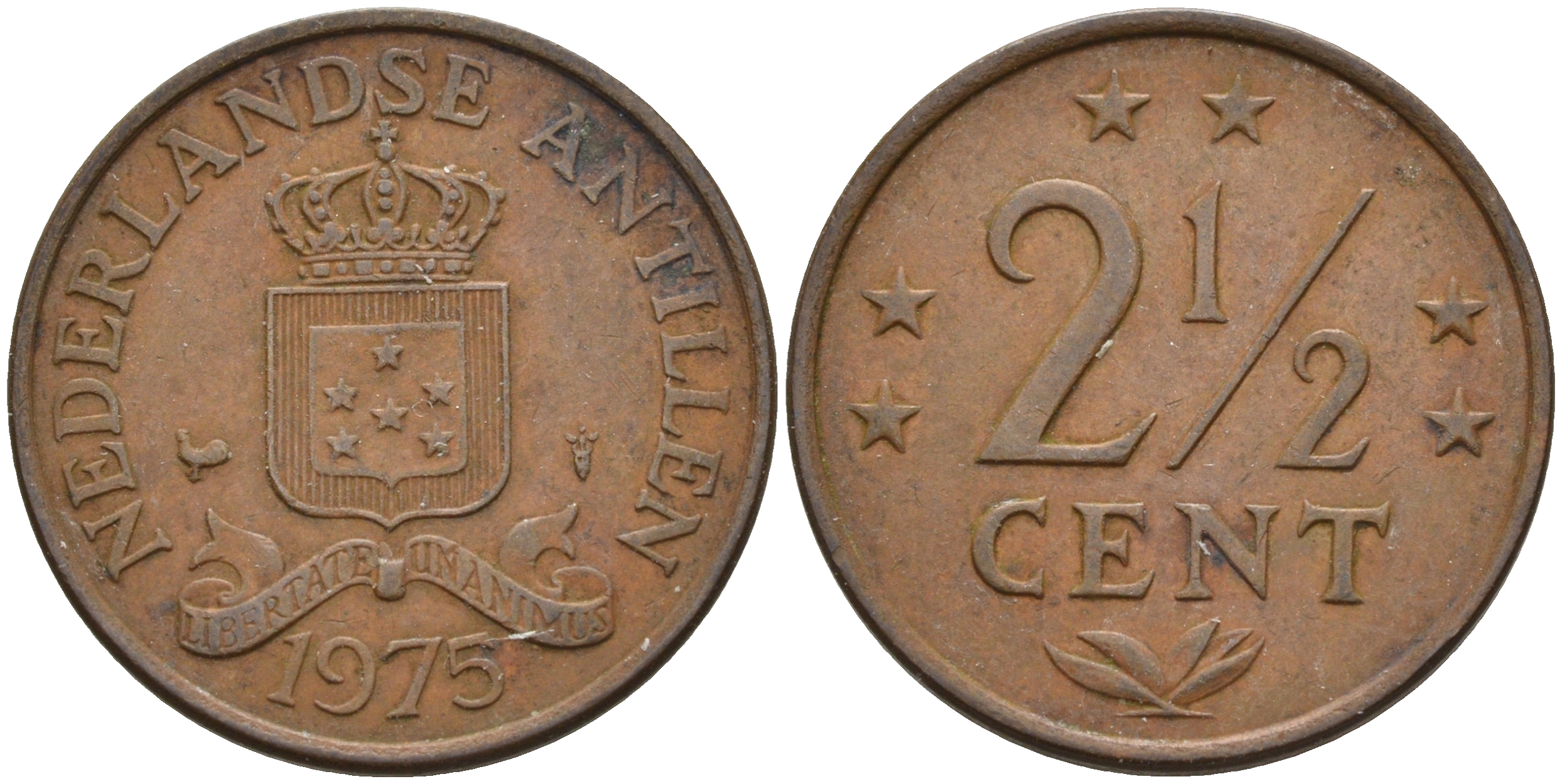 Нидерландские Антилы 2 1/2 цента 1975 Юлиана (1948-1980) KM 9 бронза 4595-424