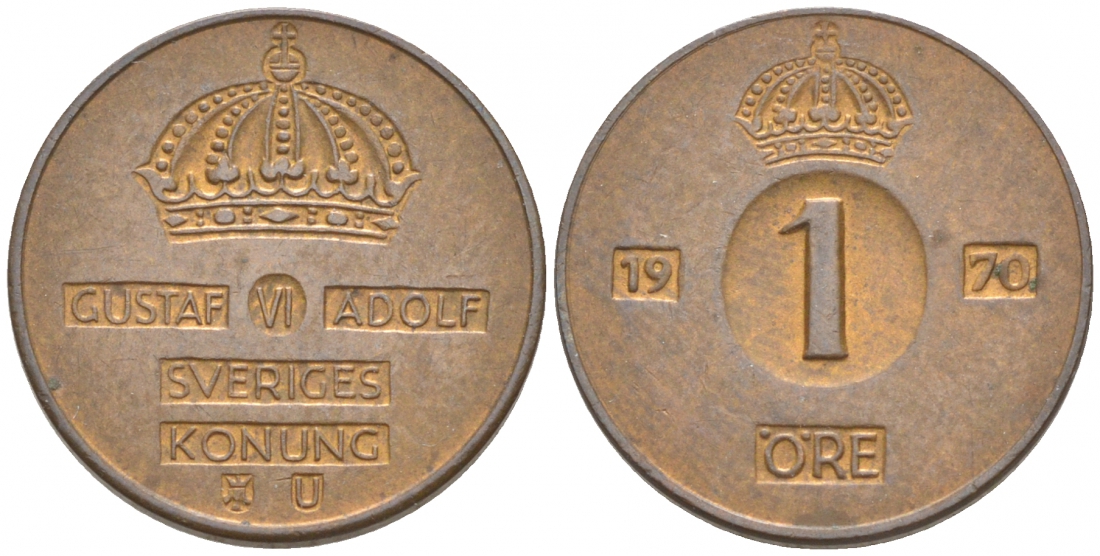 Швеция 1 эре 1970 U Густав VI Адольф (1950-1973) KM 820 бронза 187-164