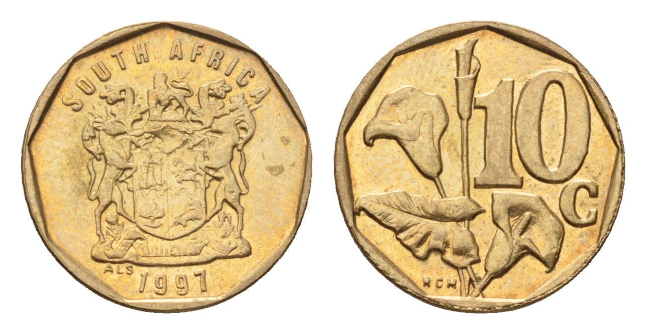 ЮАР 10 центов 1997 герб, цветок алоэ KM 161 сталь плакированная бронзой UNC 4694-737
